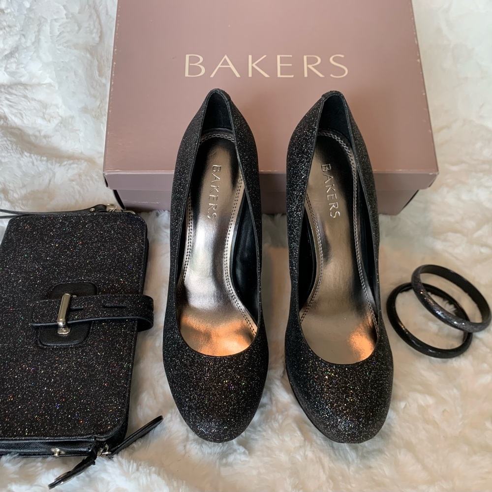 Bakers Black Glitter Pumps, Clutch and Bangles